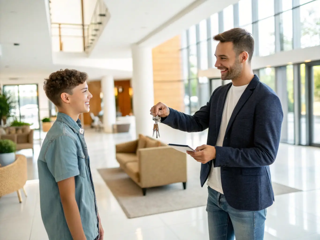 An image of a property manager handing keys to a new tenant in front of a well-maintained apartment building, symbolizing Pen PM's lettings service.