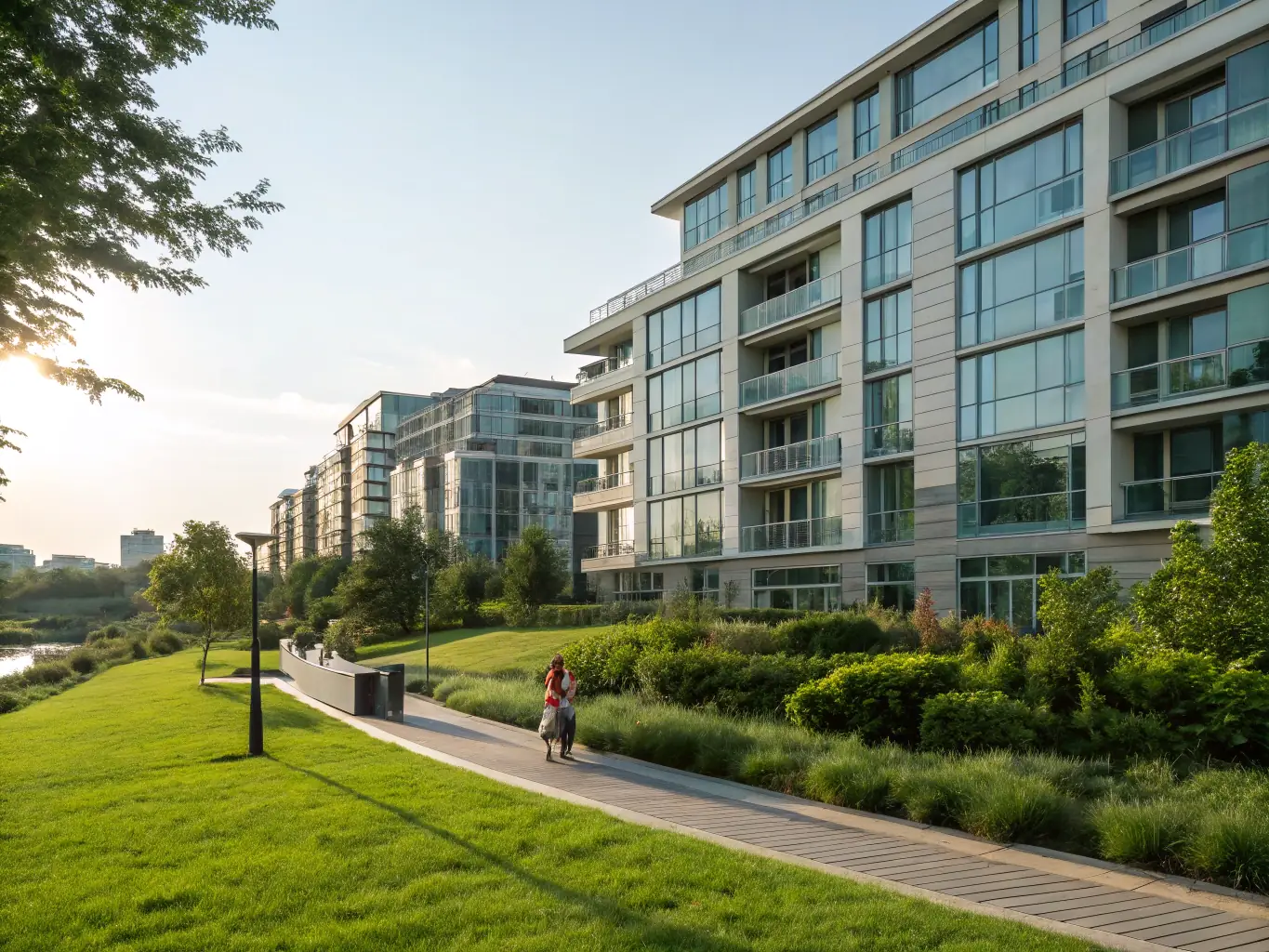 A modern apartment building exterior at sunset, showcasing well-maintained landscaping and architectural details, symbolizing Pen PM's lettings service.