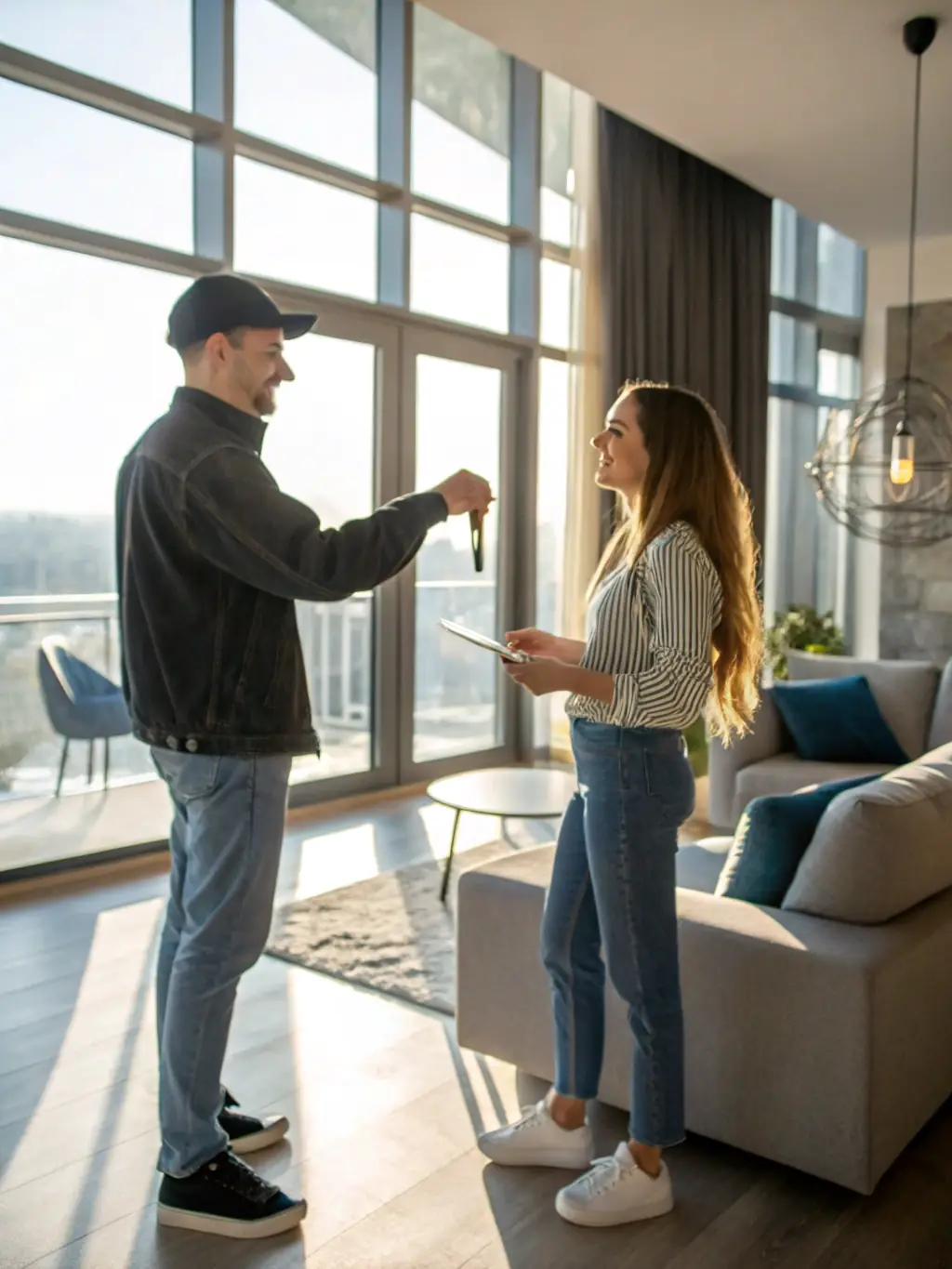 A professional photograph of a property manager handing keys to a new tenant, symbolizing Pen PM's lettings service.