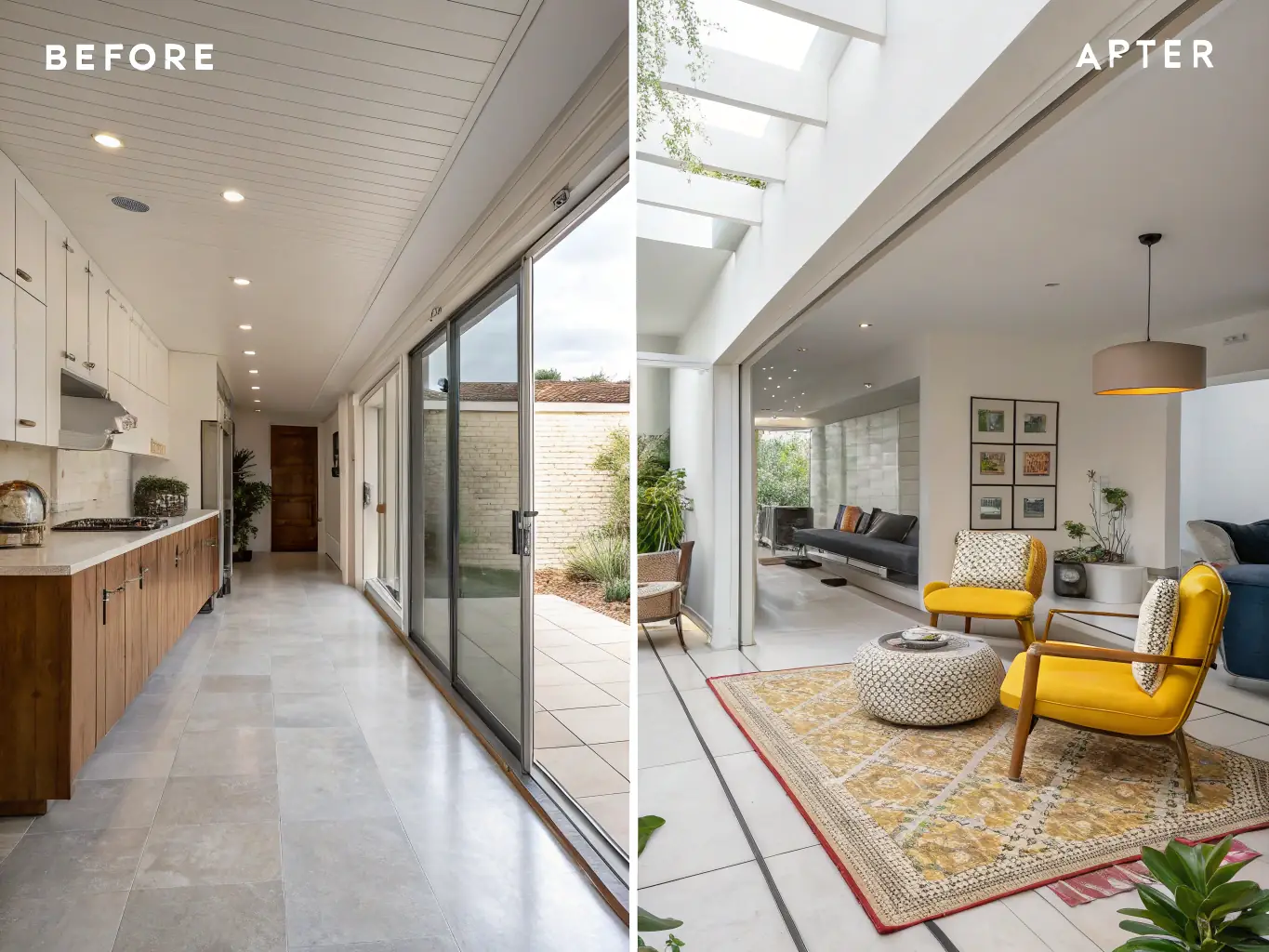 A before-and-after image showcasing a property refurbishment project, with modern upgrades and aesthetic improvements, demonstrating Pen PM's refurbishment capabilities.