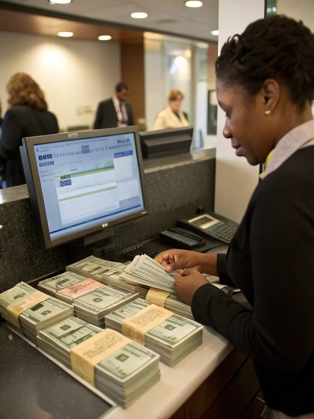 An image of a rent collection process, showing money being deposited into a bank account.